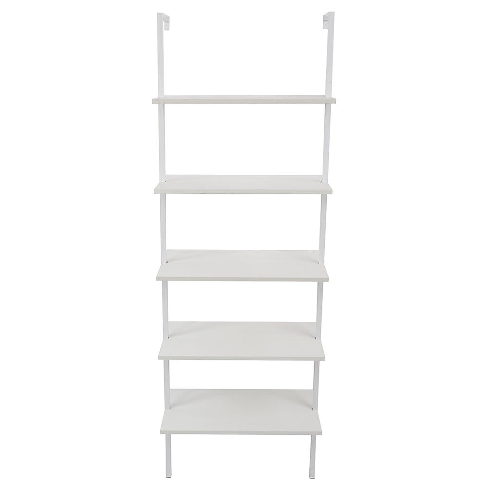 5-Shelf Wood Ladder Bookcase with Metal Frame, Industrial 5-Tier Modern Ladder Shelf Wood Shelves,White - Ballimart