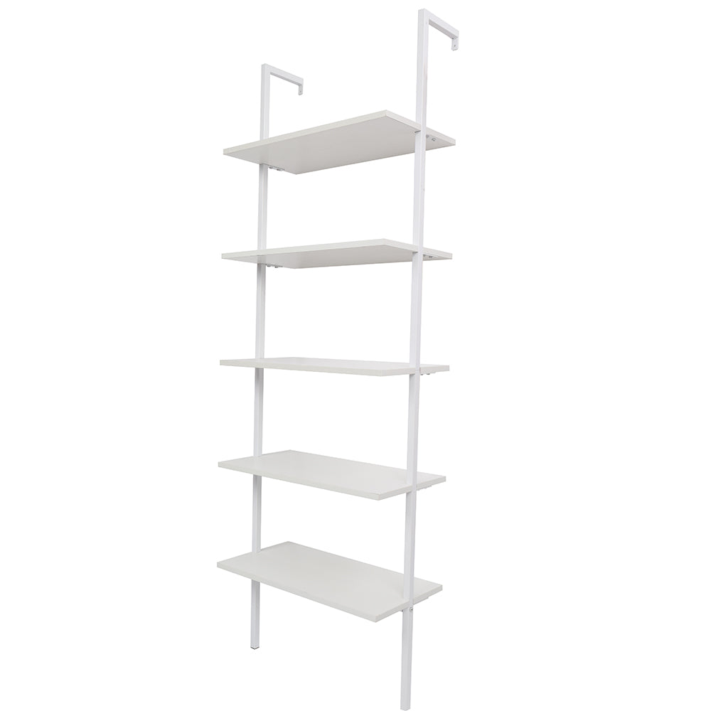 5-Shelf Wood Ladder Bookcase with Metal Frame, Industrial 5-Tier Modern Ladder Shelf Wood Shelves,White - Ballimart