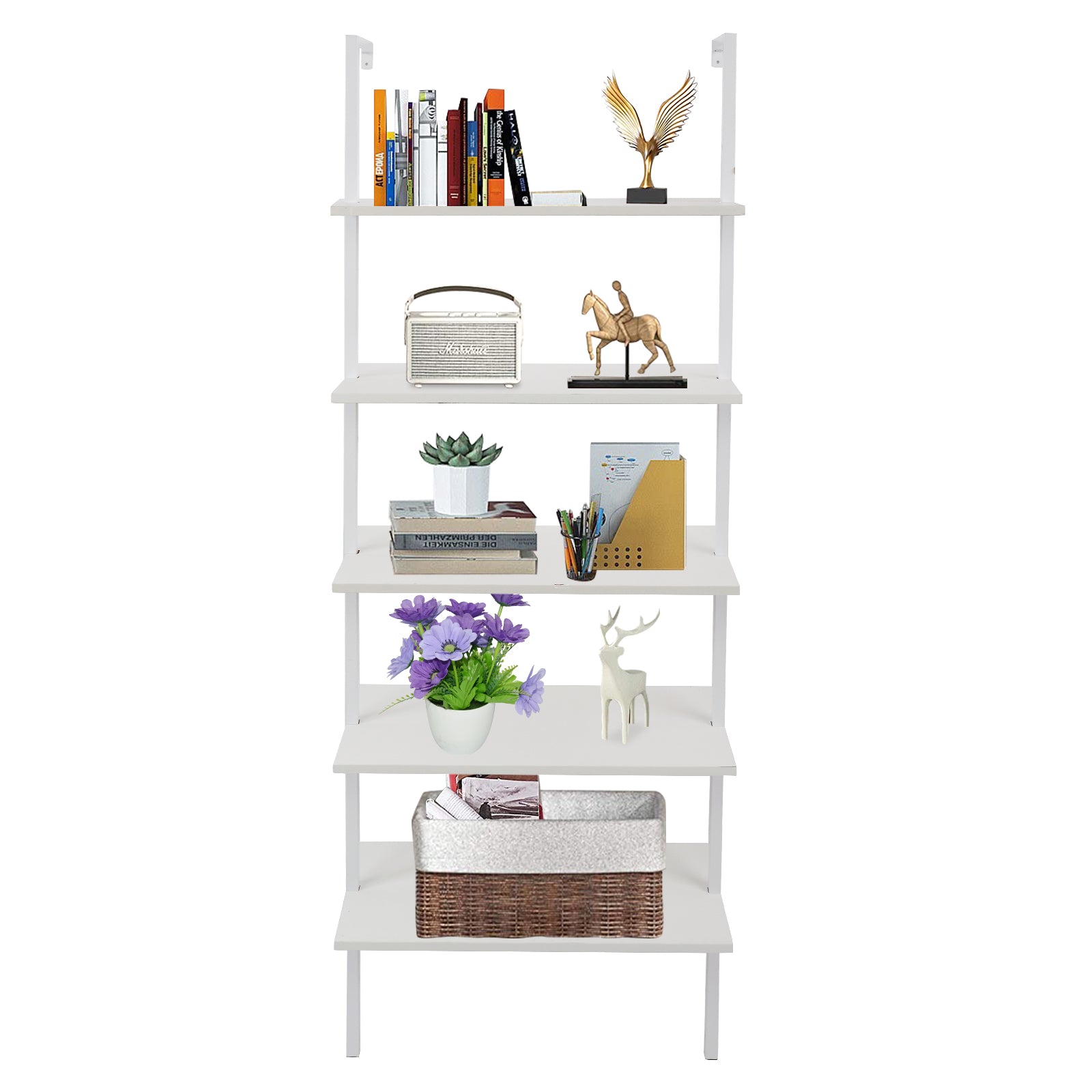 5-Shelf Wood Ladder Bookcase with Metal Frame, Industrial 5-Tier Modern Ladder Shelf Wood Shelves,White - Ballimart