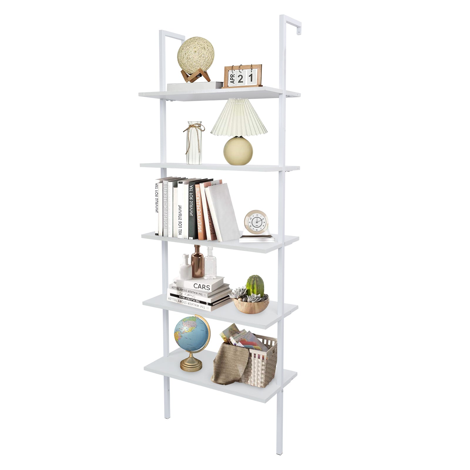 5-Shelf Wood Ladder Bookcase with Metal Frame, Industrial 5-Tier Modern Ladder Shelf Wood Shelves,White - Ballimart