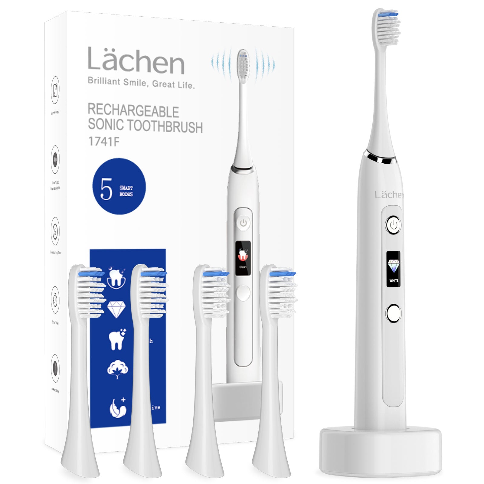 Electric Toothbrush Sonic Toothbrush, 5 Cleaning Modes for Dental Care, Screen Display, Gift Man/Woman, 4 Replacement Heads