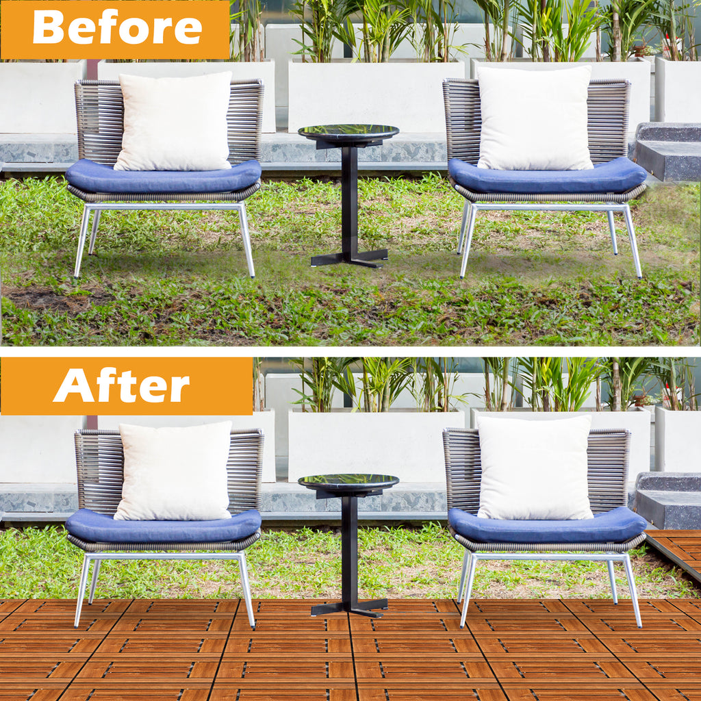 27pcs Wood Interlocking Deck Tiles 11.8"x11.8", Waterproof Flooring Tiles for Indoor and Outdoor, Patio Wood Flooring for Patio Porch Poolside Balcony Backyard, Checked Pattern - Ballimart