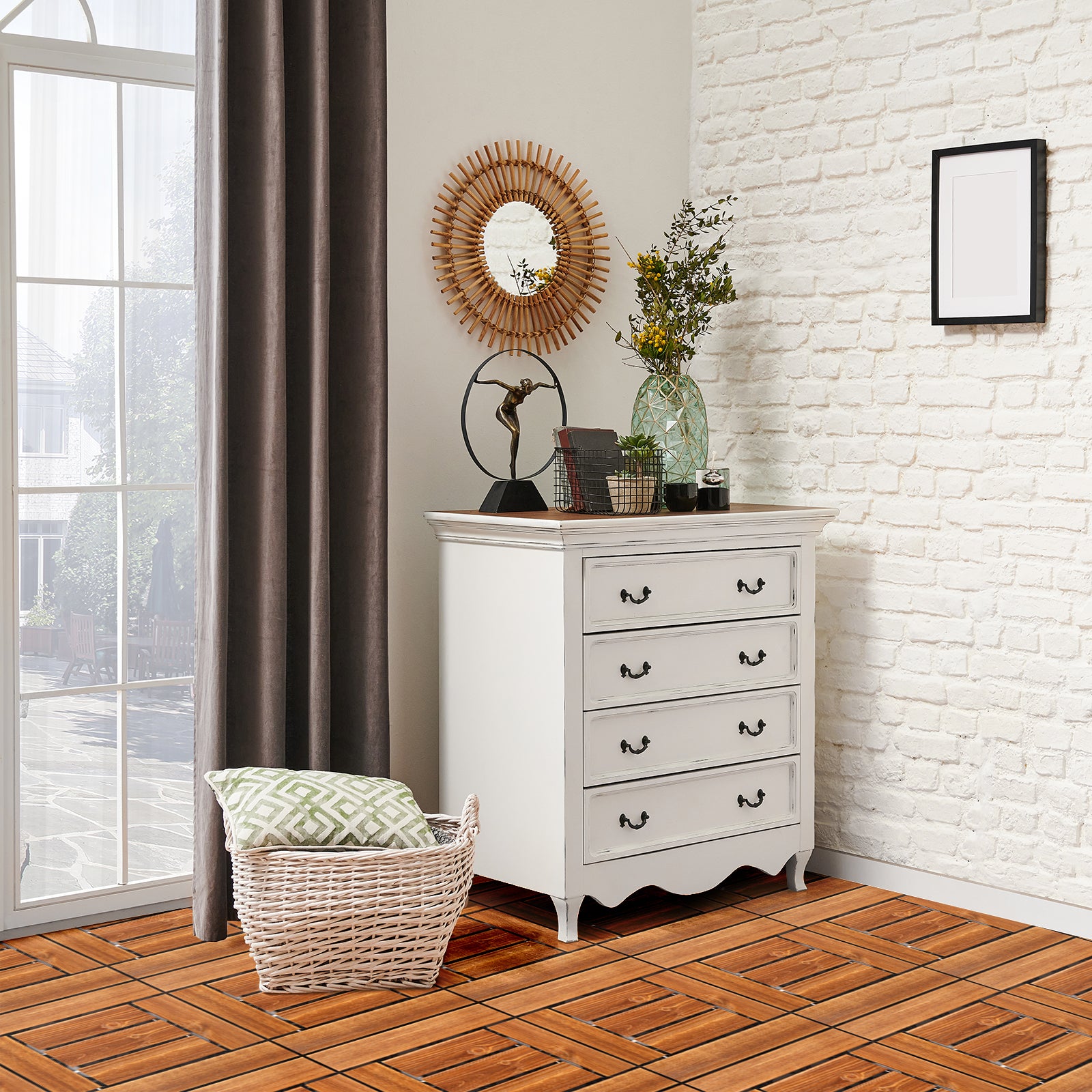 27pcs Wood Interlocking Deck Tiles 11.8"x11.8", Waterproof Flooring Tiles for Indoor and Outdoor, Patio Wood Flooring for Patio Porch Poolside Balcony Backyard, Checked Pattern - Ballimart