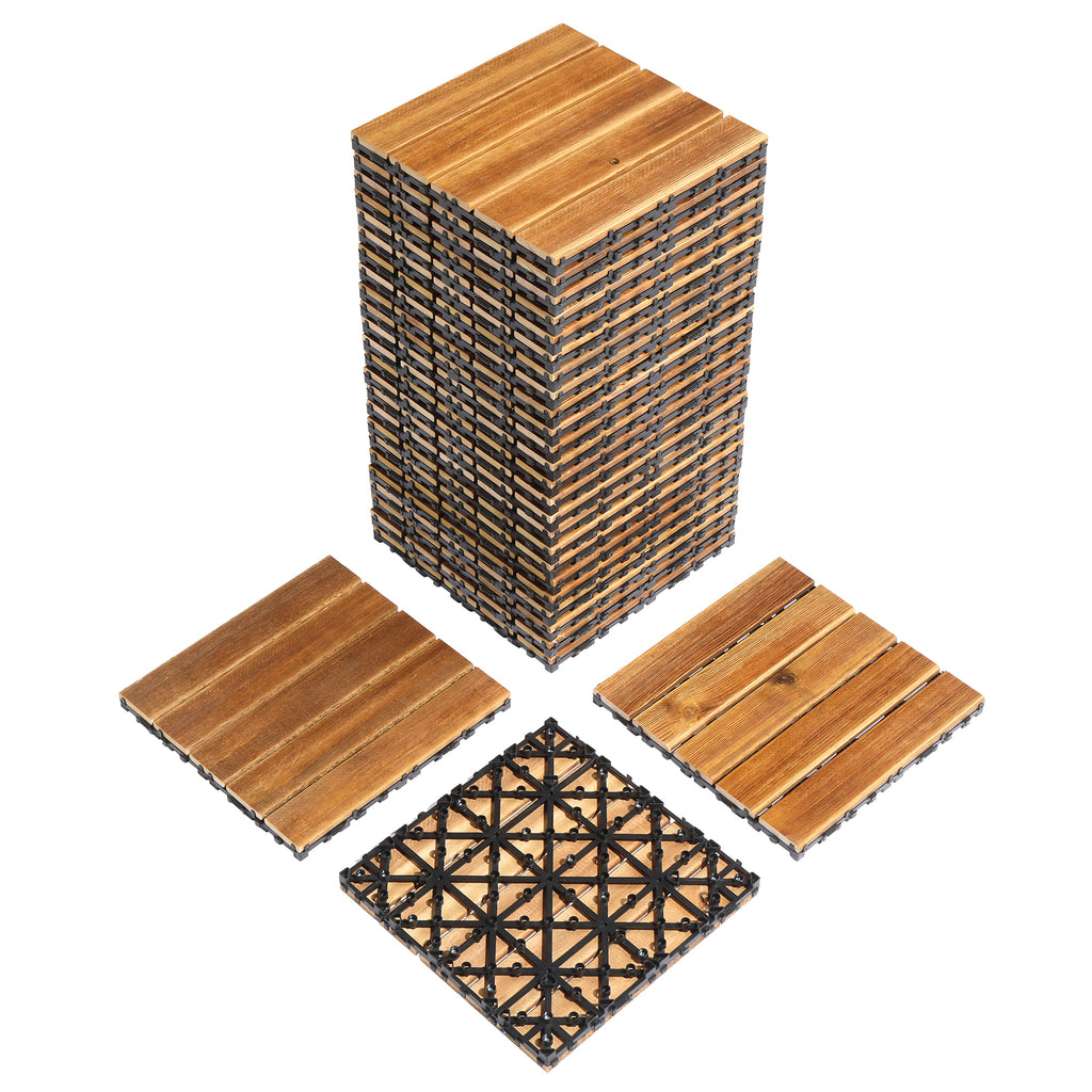 27pcs Wood Interlocking Deck Tiles 11.8"x11.8", Waterproof Flooring Tiles for Indoor and Outdoor, Patio Wood Flooring for Patio Porch Poolside Balcony Backyard, Stripe Pattern - Ballimart