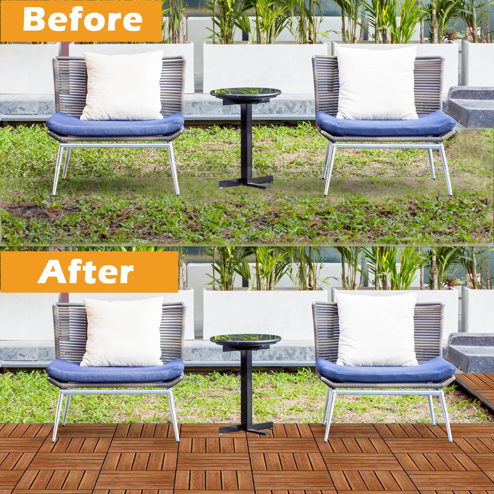 27pcs Wood Interlocking Deck Tiles 11.8"x11.8", Waterproof Flooring Tiles for Indoor and Outdoor, Patio Wood Flooring for Patio Porch Poolside Balcony Backyard, Stripe Pattern - Ballimart