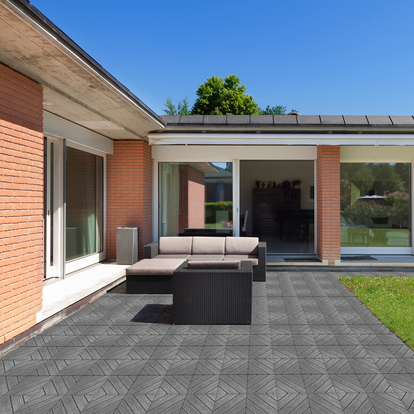 Plastic Interlocking Deck Tiles, 9 Pack, 11.8"x11.8" Waterproof Flooring Tiles for Indoor and Outdoor, Patio Floor Decking Tiles for Porch Poolside Balcony Backyard, Dark Grey - Ballimart