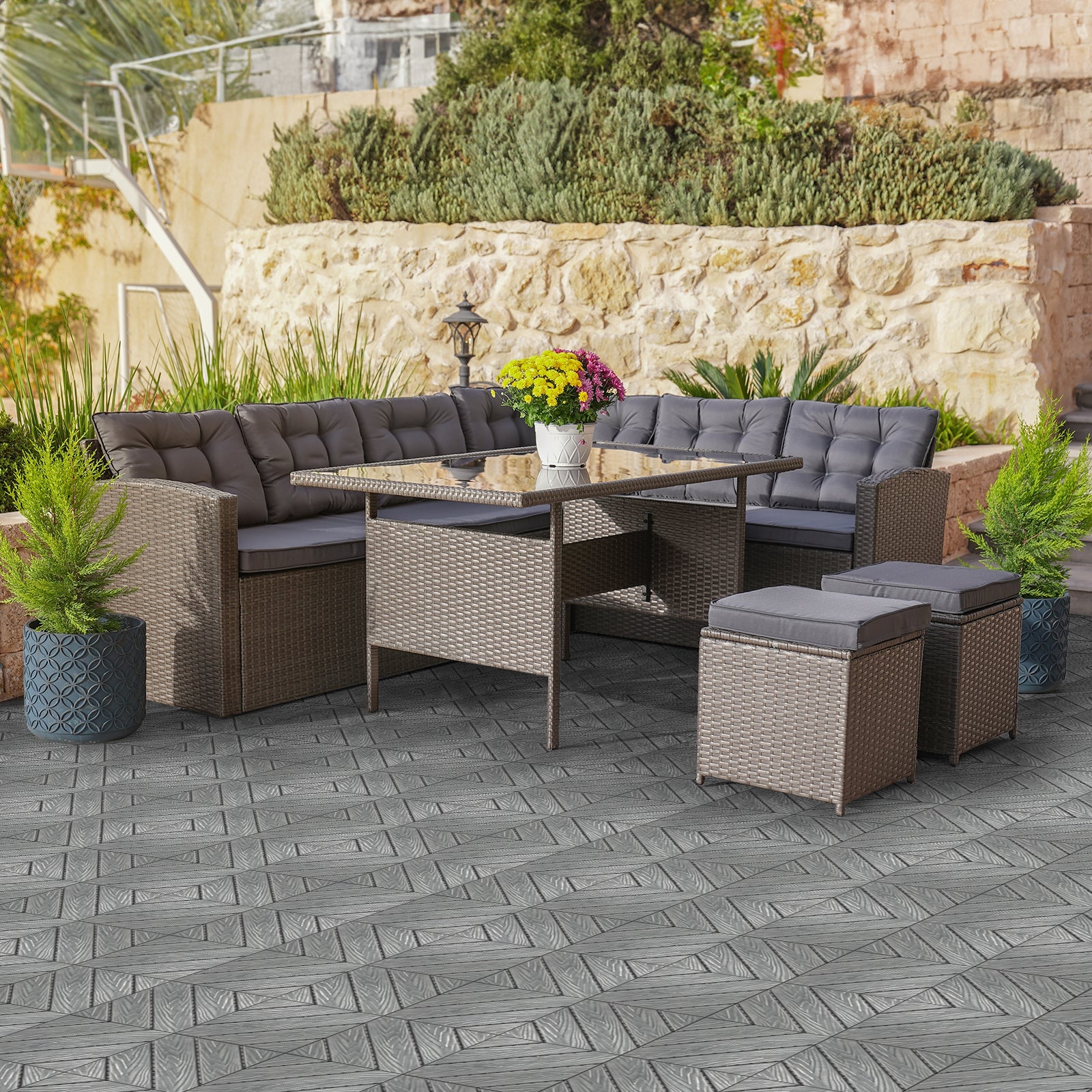 Plastic Interlocking Deck Tiles, 9 Pack, 11.8"x11.8" Waterproof Flooring Tiles for Indoor and Outdoor, Patio Floor Decking Tiles for Porch Poolside Balcony Backyard, Dark Grey - Ballimart