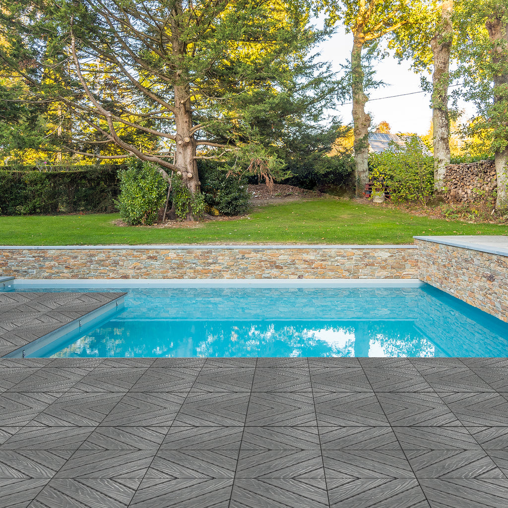 Plastic Interlocking Deck Tiles, 9 Pack, 11.8"x11.8" Waterproof Flooring Tiles for Indoor and Outdoor, Patio Floor Decking Tiles for Porch Poolside Balcony Backyard, Dark Grey - Ballimart