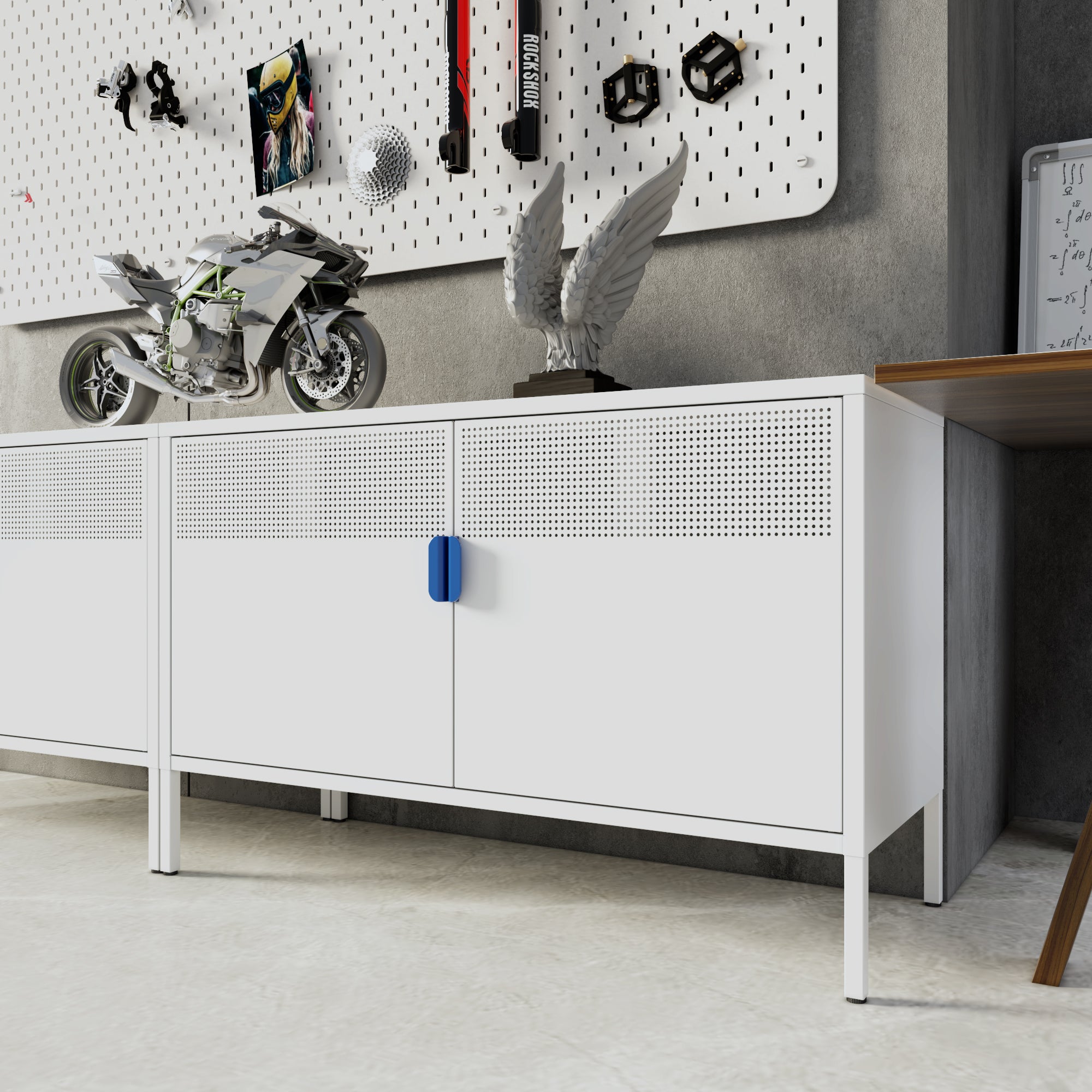 Steel metal low cabinet、green  The upper half of the door has ventilation holes - Ballimart