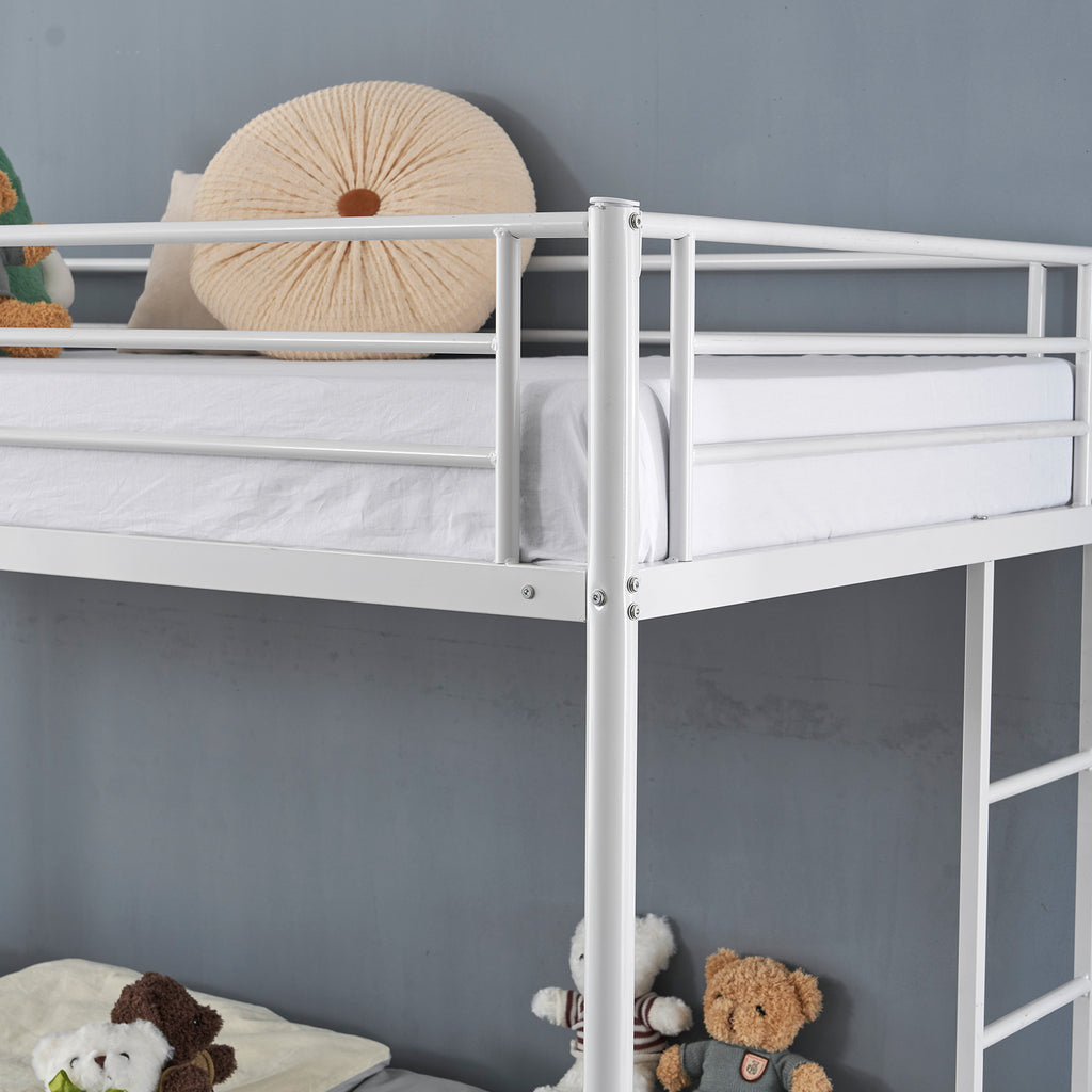 Twin Over Twin Bunk Bed with Trundle, Triple Bunk Beds for Kids Teens Adults, Metal Bunk Bed with Two Side Ladder and Guardrails, White - Ballimart