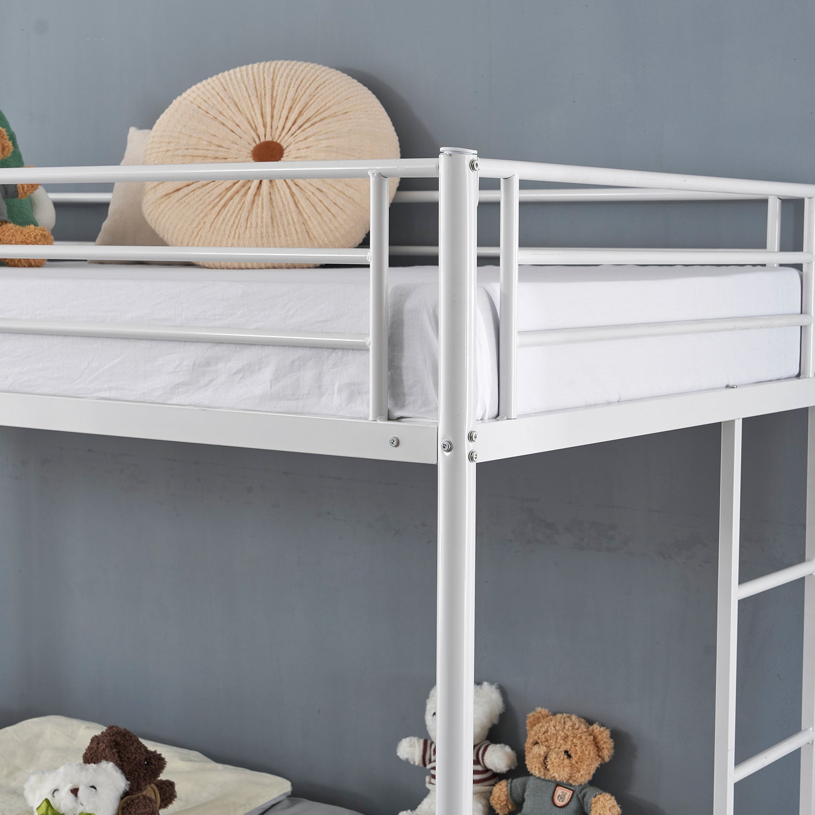 Twin Over Twin Bunk Bed with Trundle, Triple Bunk Beds for Kids Teens Adults, Metal Bunk Bed with Two Side Ladder and Guardrails, White - Ballimart