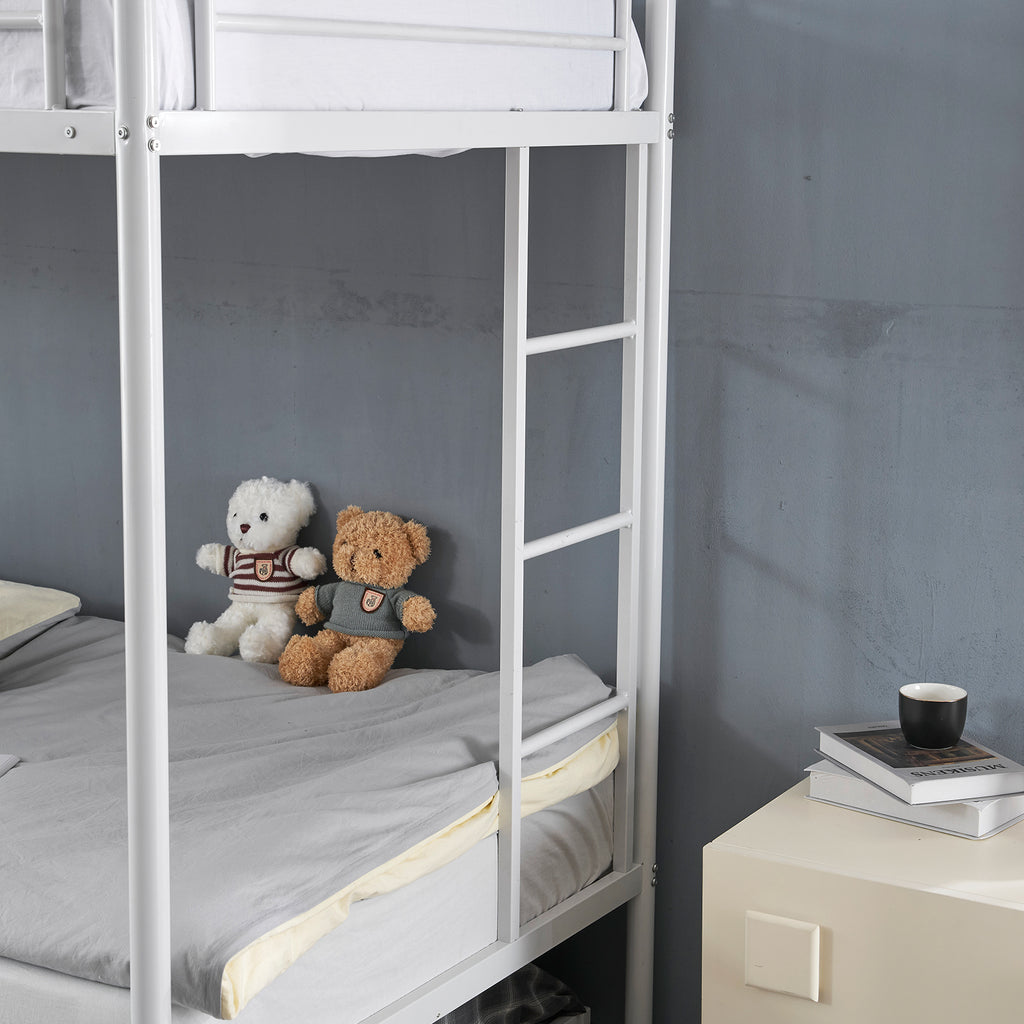 Twin Over Twin Bunk Bed with Trundle, Triple Bunk Beds for Kids Teens Adults, Metal Bunk Bed with Two Side Ladder and Guardrails, White - Ballimart