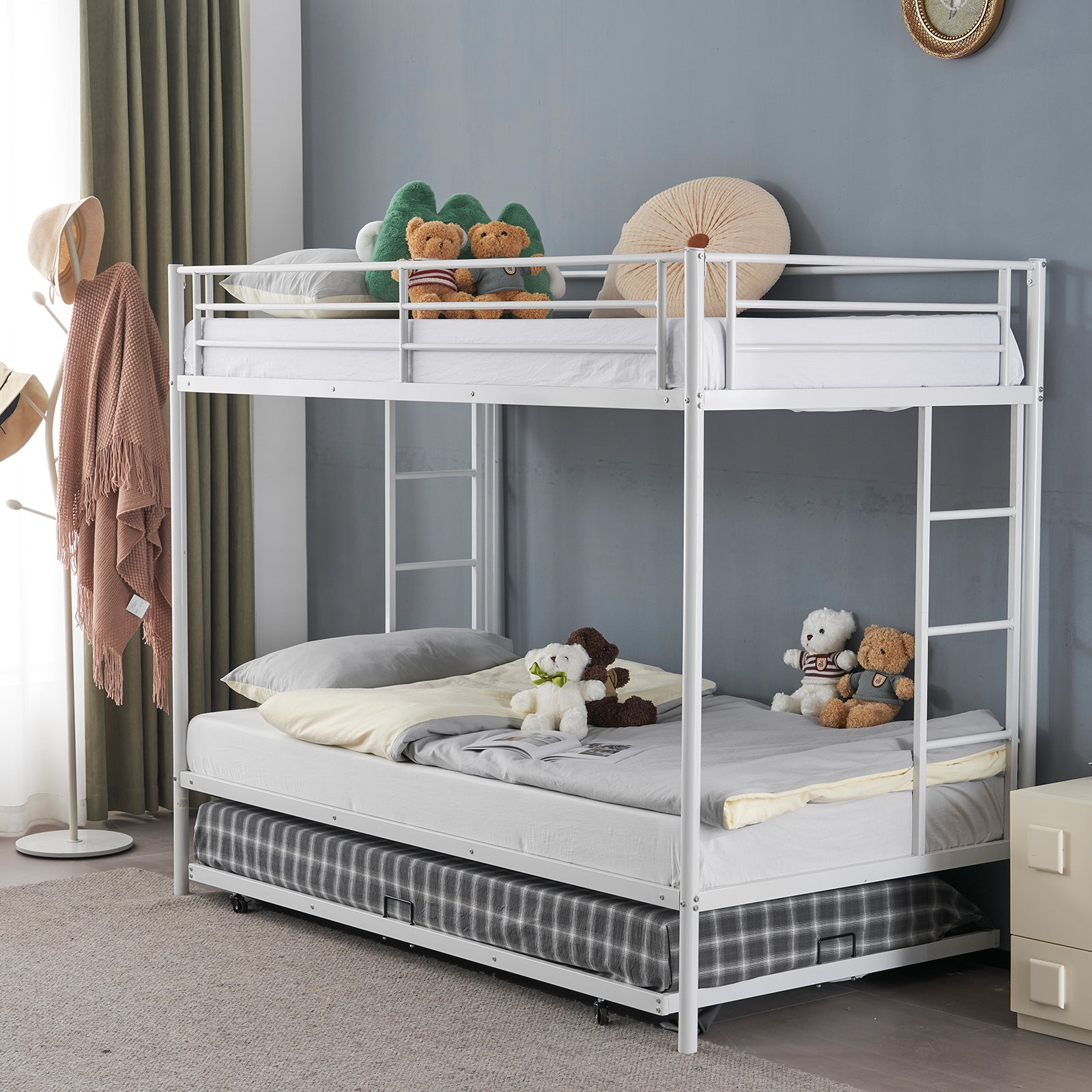 Twin Over Twin Bunk Bed with Trundle, Triple Bunk Beds for Kids Teens Adults, Metal Bunk Bed with Two Side Ladder and Guardrails, White - Ballimart