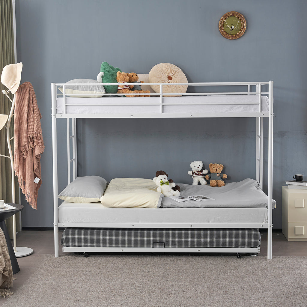 Twin Over Twin Bunk Bed with Trundle, Triple Bunk Beds for Kids Teens Adults, Metal Bunk Bed with Two Side Ladder and Guardrails, White - Ballimart