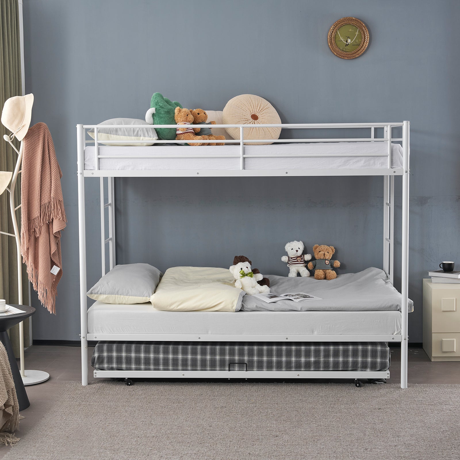 Twin Over Twin Bunk Bed with Trundle, Triple Bunk Beds for Kids Teens Adults, Metal Bunk Bed with Two Side Ladder and Guardrails, White - Ballimart