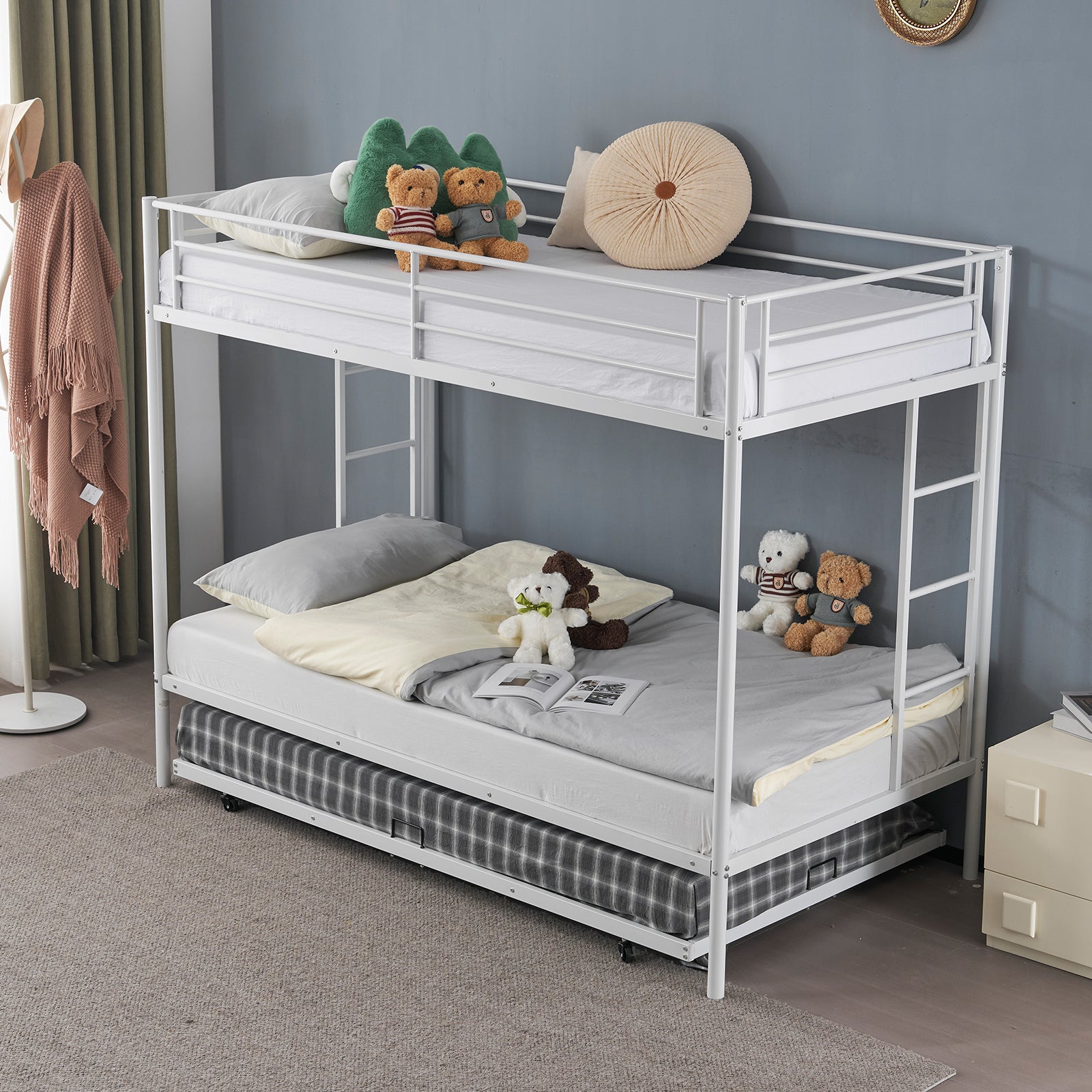 Twin Over Twin Bunk Bed with Trundle, Triple Bunk Beds for Kids Teens Adults, Metal Bunk Bed with Two Side Ladder and Guardrails, White