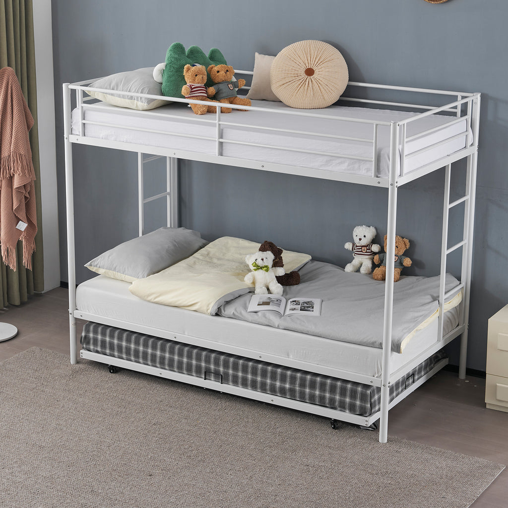 Twin Over Twin Bunk Bed with Trundle, Triple Bunk Beds for Kids Teens Adults, Metal Bunk Bed with Two Side Ladder and Guardrails, White - Ballimart
