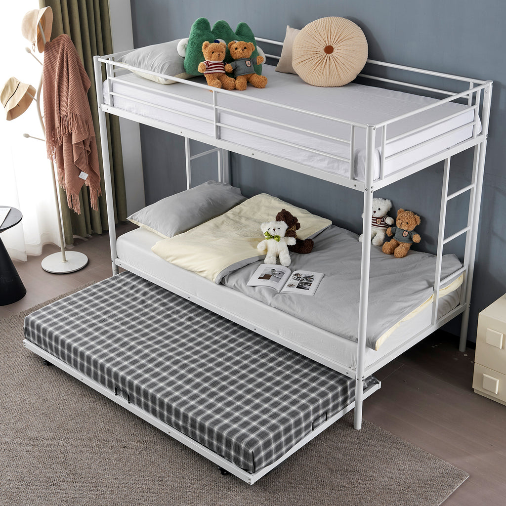 Twin Over Twin Bunk Bed with Trundle, Triple Bunk Beds for Kids Teens Adults, Metal Bunk Bed with Two Side Ladder and Guardrails, White - Ballimart
