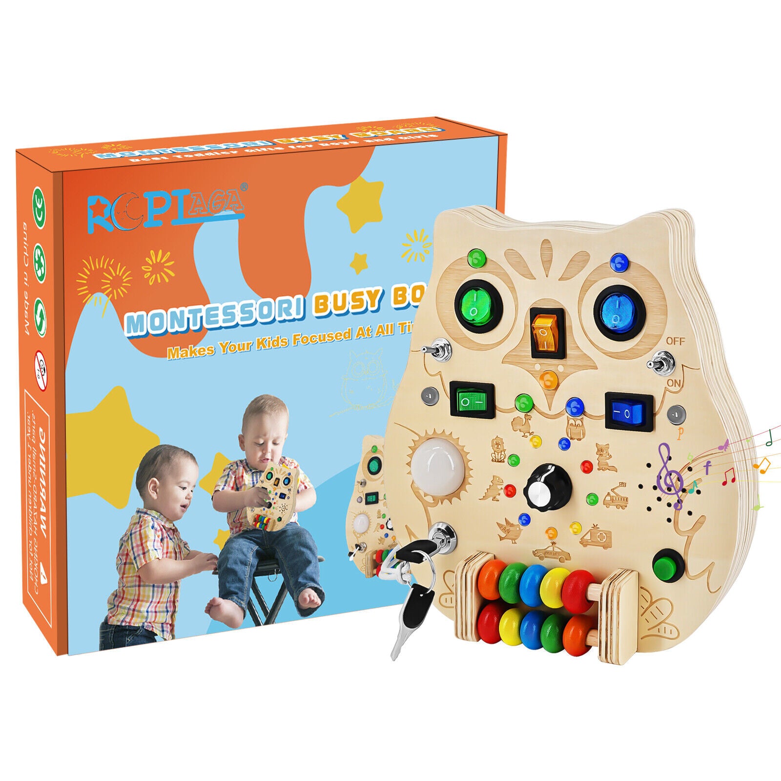 Wooden Montessori Busy Board with 8 LED Lights Switch Sensory Toys For Toddlers