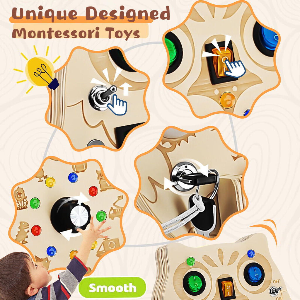 Wooden Montessori Busy Board with 8 LED Lights Switch Sensory Toys For Toddlers - Ballimart