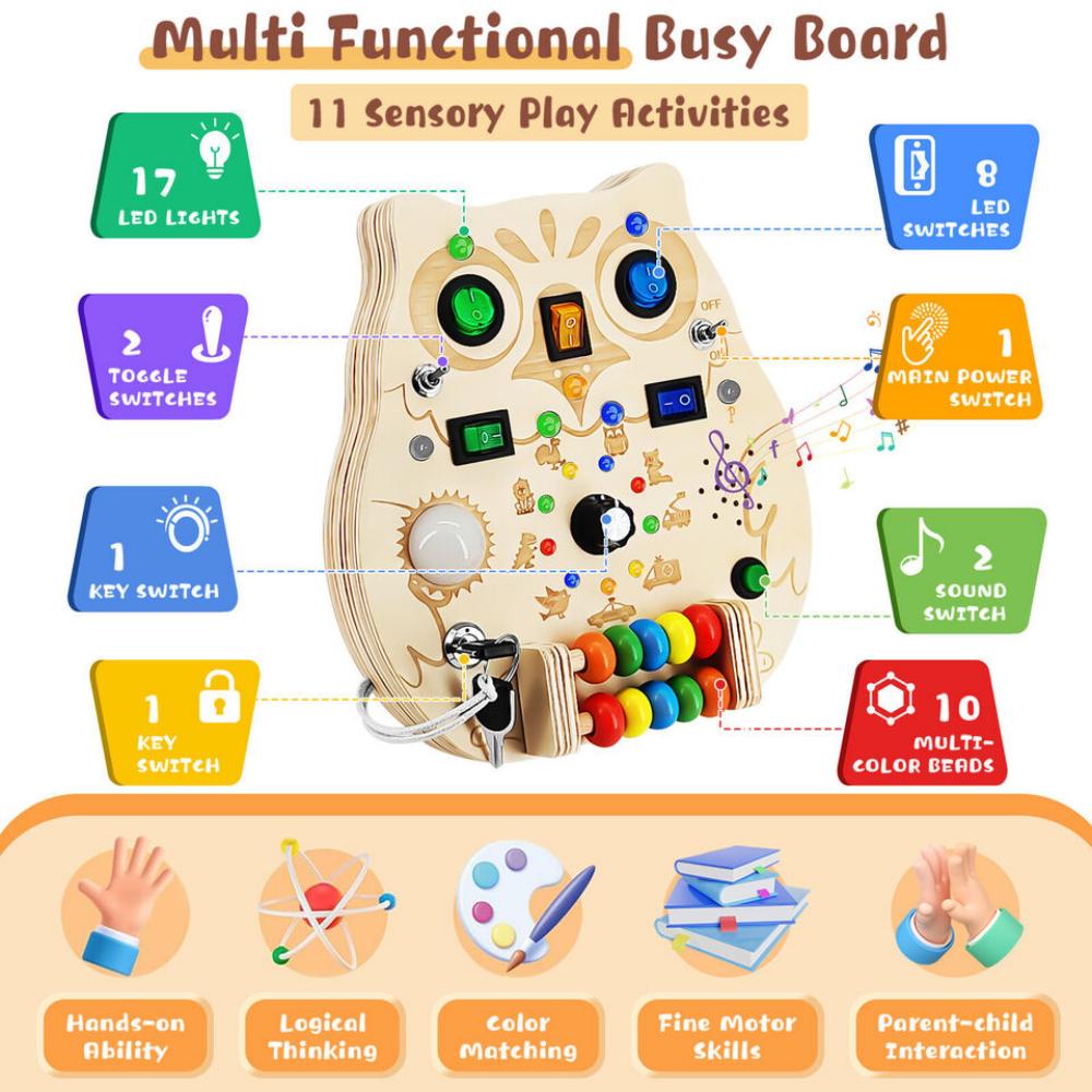 Wooden Montessori Busy Board with 8 LED Lights Switch Sensory Toys For Toddlers