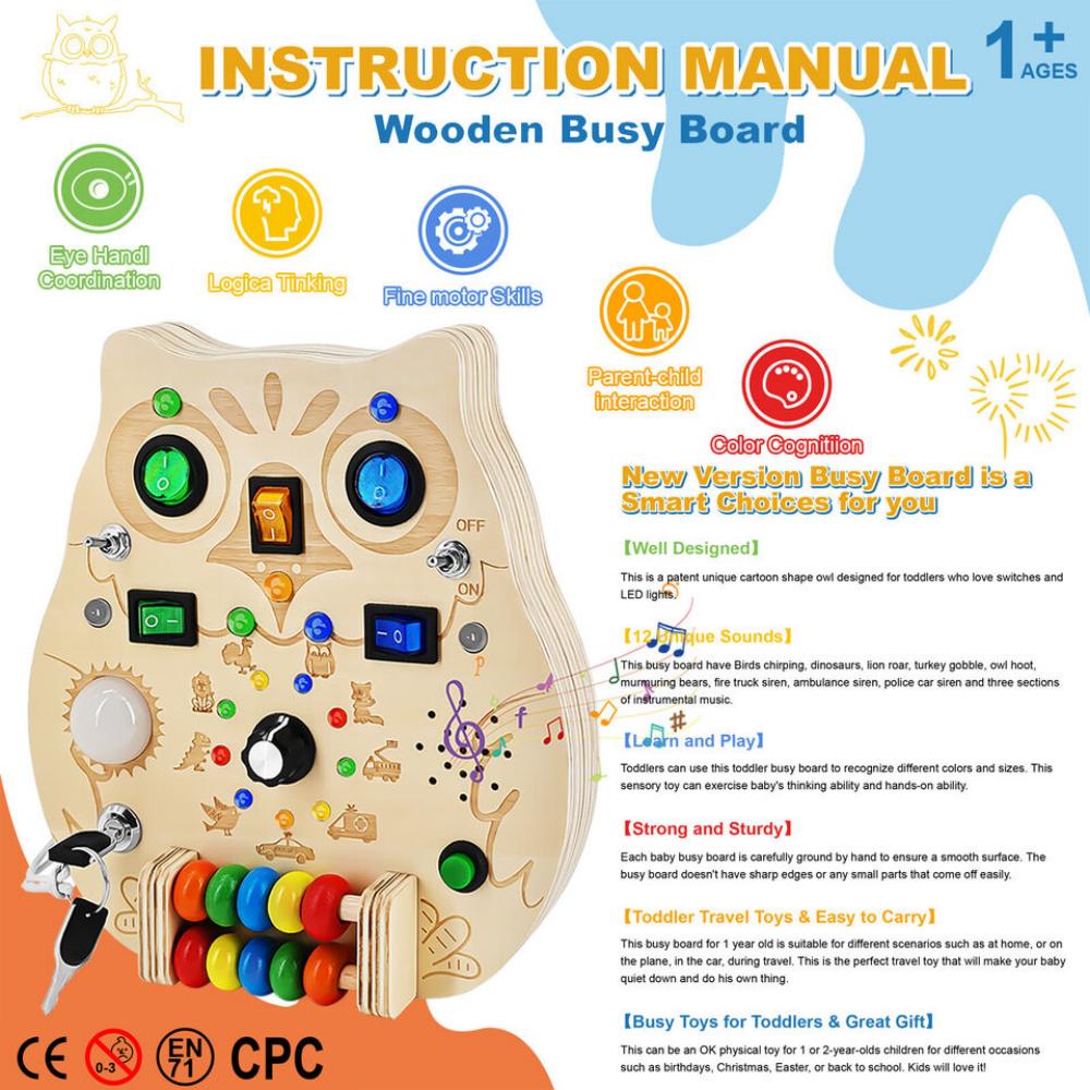 Wooden Montessori Busy Board with 8 LED Lights Switch Sensory Toys For Toddlers