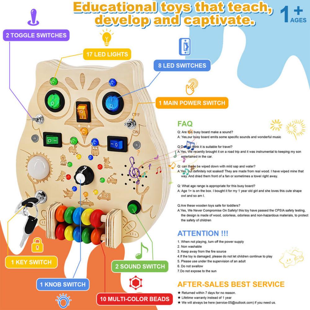 Wooden Montessori Busy Board with 8 LED Lights Switch Sensory Toys For Toddlers
