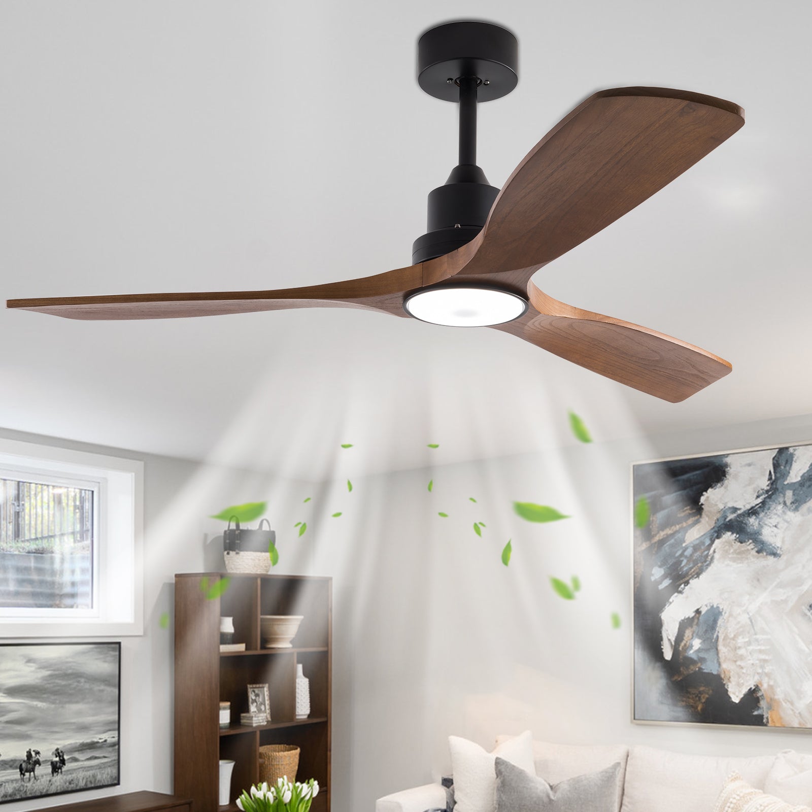 52" Wood Ceiling Fan with Lights, Smart Fans Light with Remote Reversible DC Motor, 6 Speeds Walnut Ceiling Fan Light for Indoor Porch, Patio, Bedroom, Farmhouse