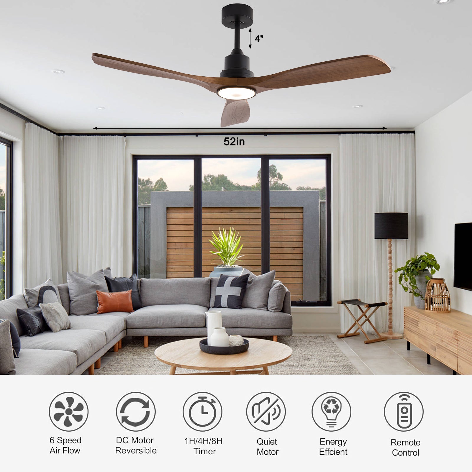 52" Wood Ceiling Fan with Lights, Smart Fans Light with Remote Reversible DC Motor, 6 Speeds Walnut Ceiling Fan Light for Indoor Porch, Patio, Bedroom, Farmhouse