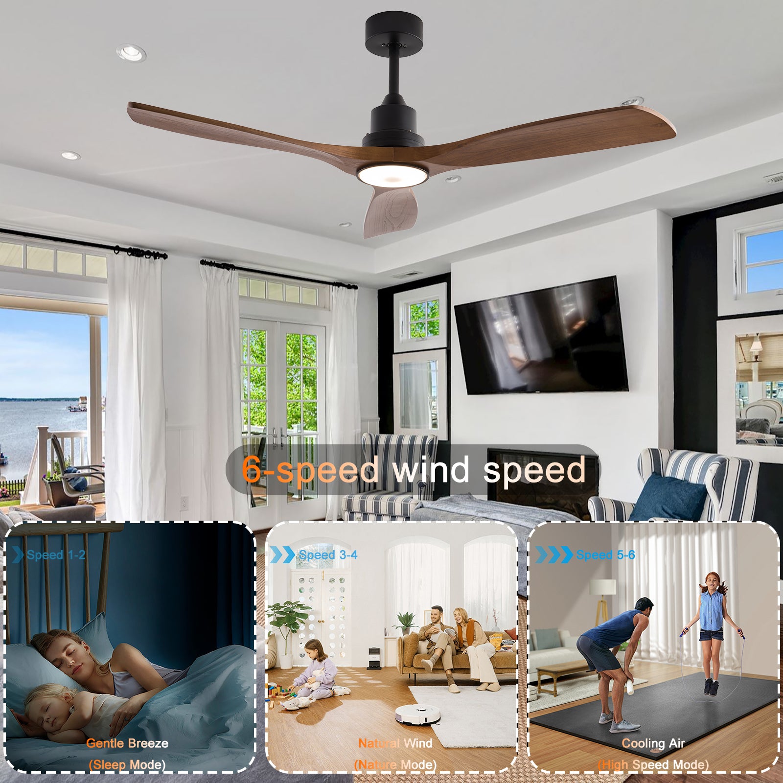 52" Wood Ceiling Fan with Lights, Smart Fans Light with Remote Reversible DC Motor, 6 Speeds Walnut Ceiling Fan Light for Indoor Porch, Patio, Bedroom, Farmhouse