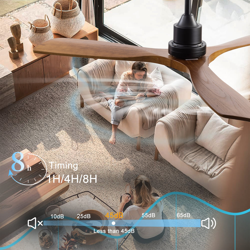 52" Wood Ceiling Fan with Lights, Smart Fans Light with Remote Reversible DC Motor, 6 Speeds Walnut Ceiling Fan Light for Indoor Porch, Patio, Bedroom, Farmhouse - Ballimart