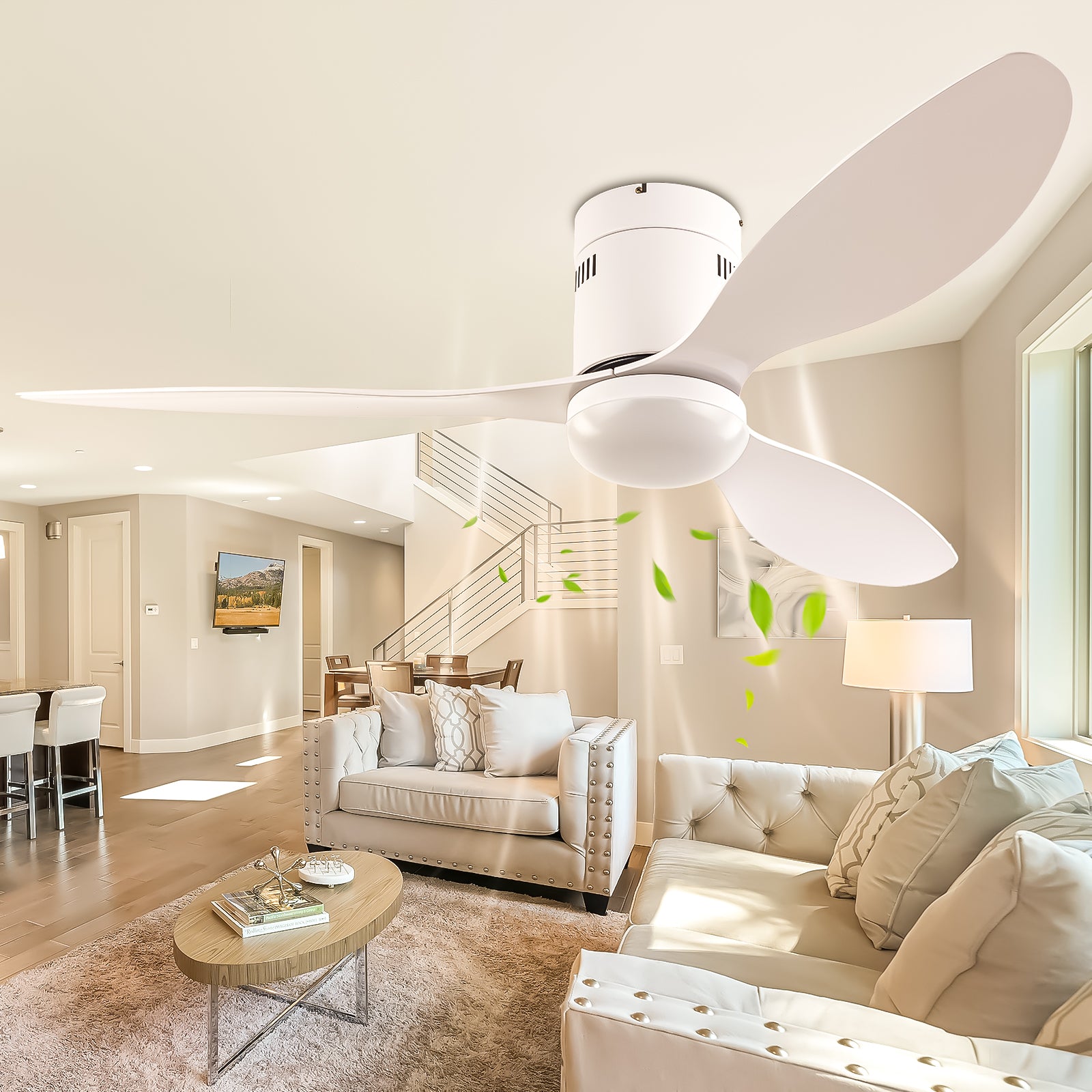 52 Inch Ceiling Fans with Lights, 6 Speed Reversible Noiseless Fan Light DC Motor, Indoor and Outdoor LED Ceiling Fan, Low Profile Ceiling Fan with Remote Control (White) - Ballimart