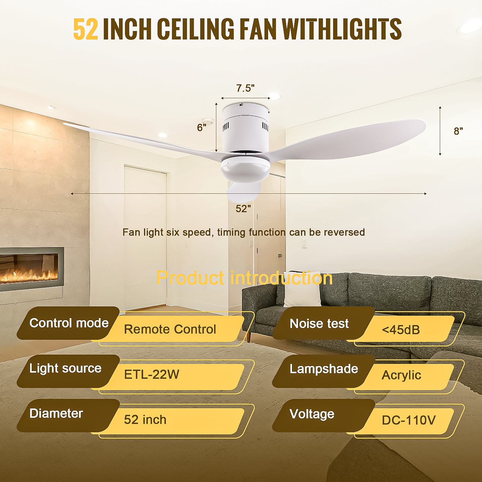 52 Inch Ceiling Fans with Lights, 6 Speed Reversible Noiseless Fan Light DC Motor, Indoor and Outdoor LED Ceiling Fan, Low Profile Ceiling Fan with Remote Control (White)