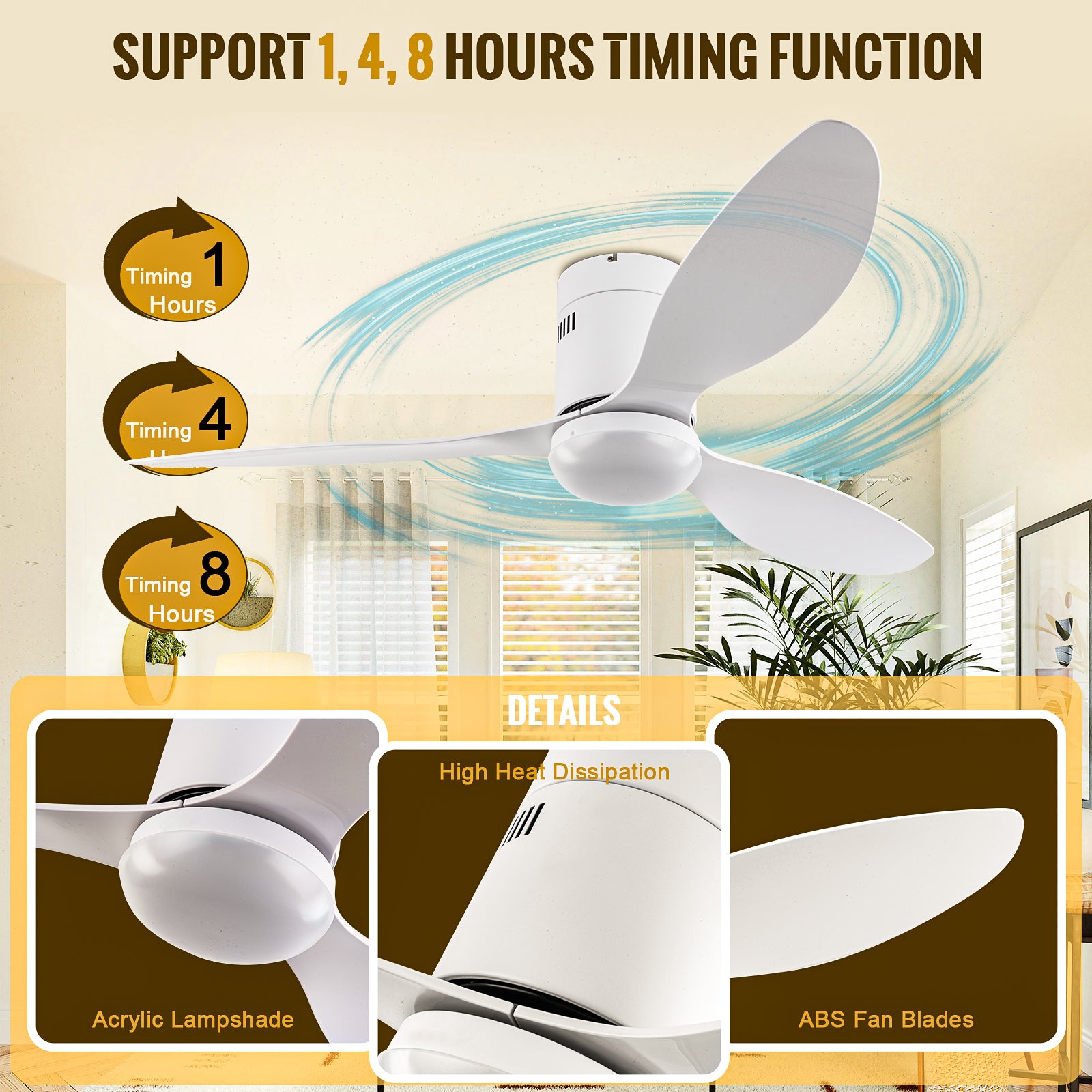 52 Inch Ceiling Fans with Lights, 6 Speed Reversible Noiseless Fan Light DC Motor, Indoor and Outdoor LED Ceiling Fan, Low Profile Ceiling Fan with Remote Control (White) - Ballimart