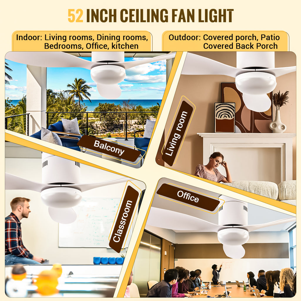52 Inch Ceiling Fans with Lights, 6 Speed Reversible Noiseless Fan Light DC Motor, Indoor and Outdoor LED Ceiling Fan, Low Profile Ceiling Fan with Remote Control (White) - Ballimart
