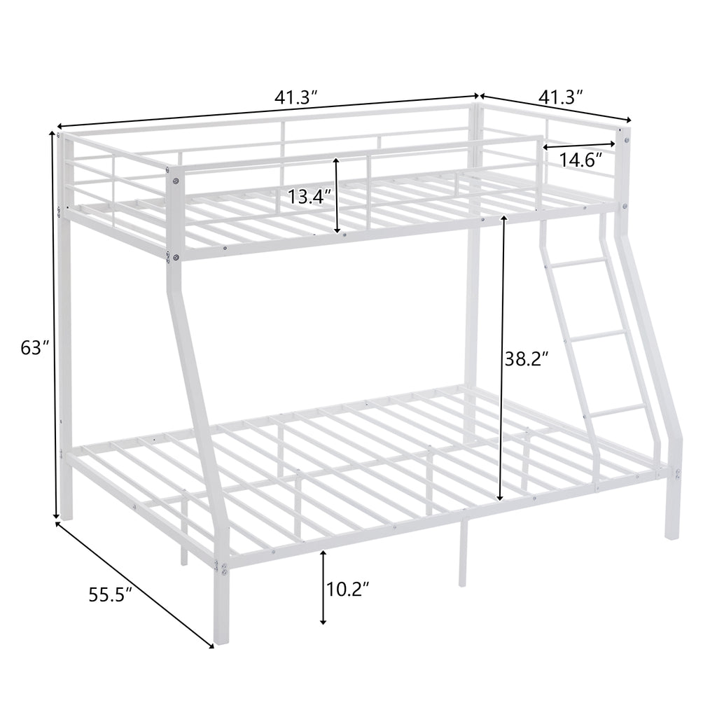 Twin Over Full Metal Bunk Bed for Kids Teens Adults, Heavy Duty Metal Bunk Bed with Ladder & Full-Length Guard Rail & Storage Space, White - Ballimart