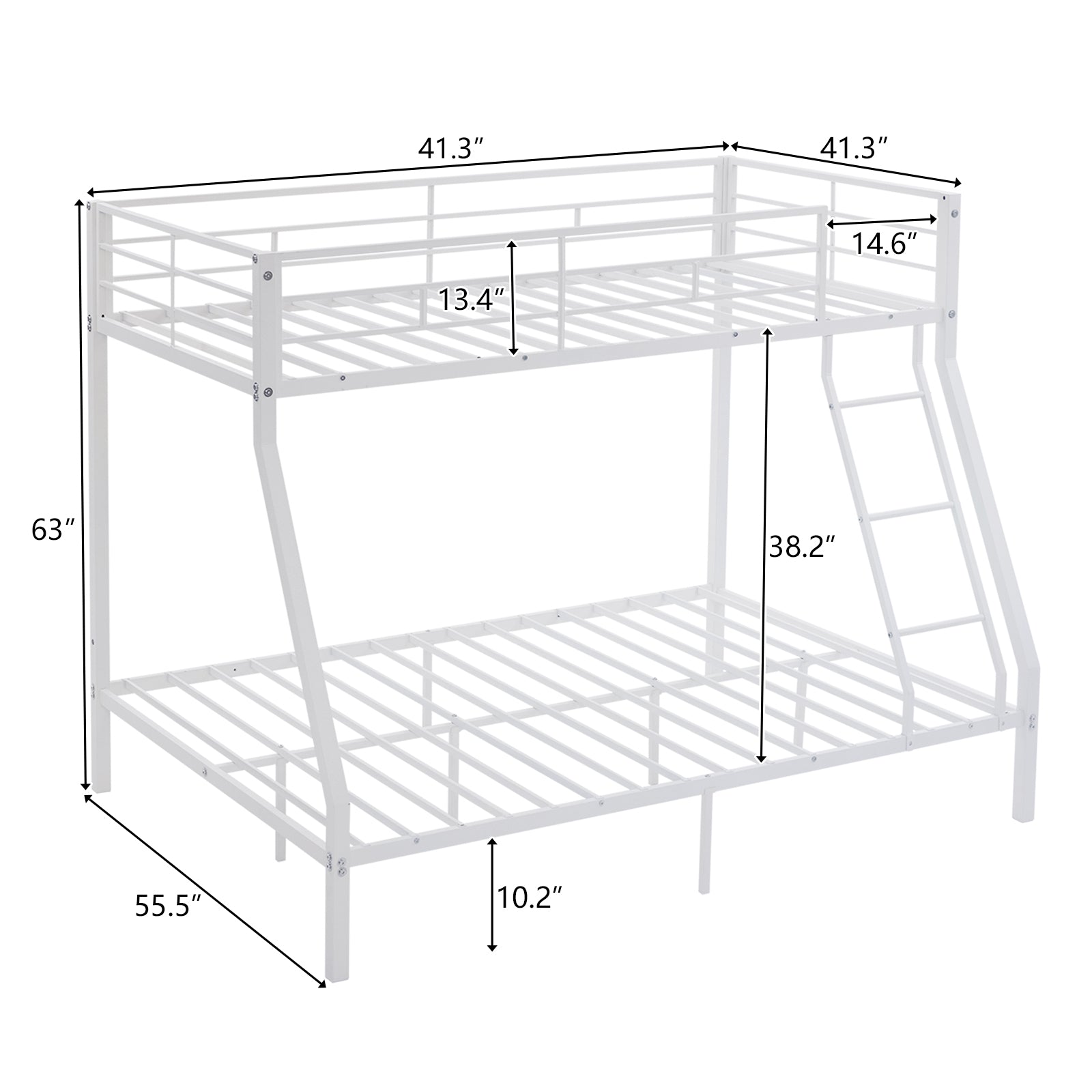Twin Over Full Metal Bunk Bed for Kids Teens Adults, Heavy Duty Metal Bunk Bed with Ladder & Full-Length Guard Rail & Storage Space, White - Ballimart