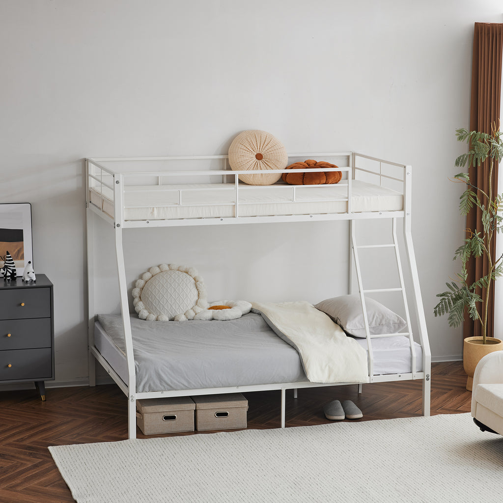 Twin Over Full Metal Bunk Bed for Kids Teens Adults, Heavy Duty Metal Bunk Bed with Ladder & Full-Length Guard Rail & Storage Space, White - Ballimart