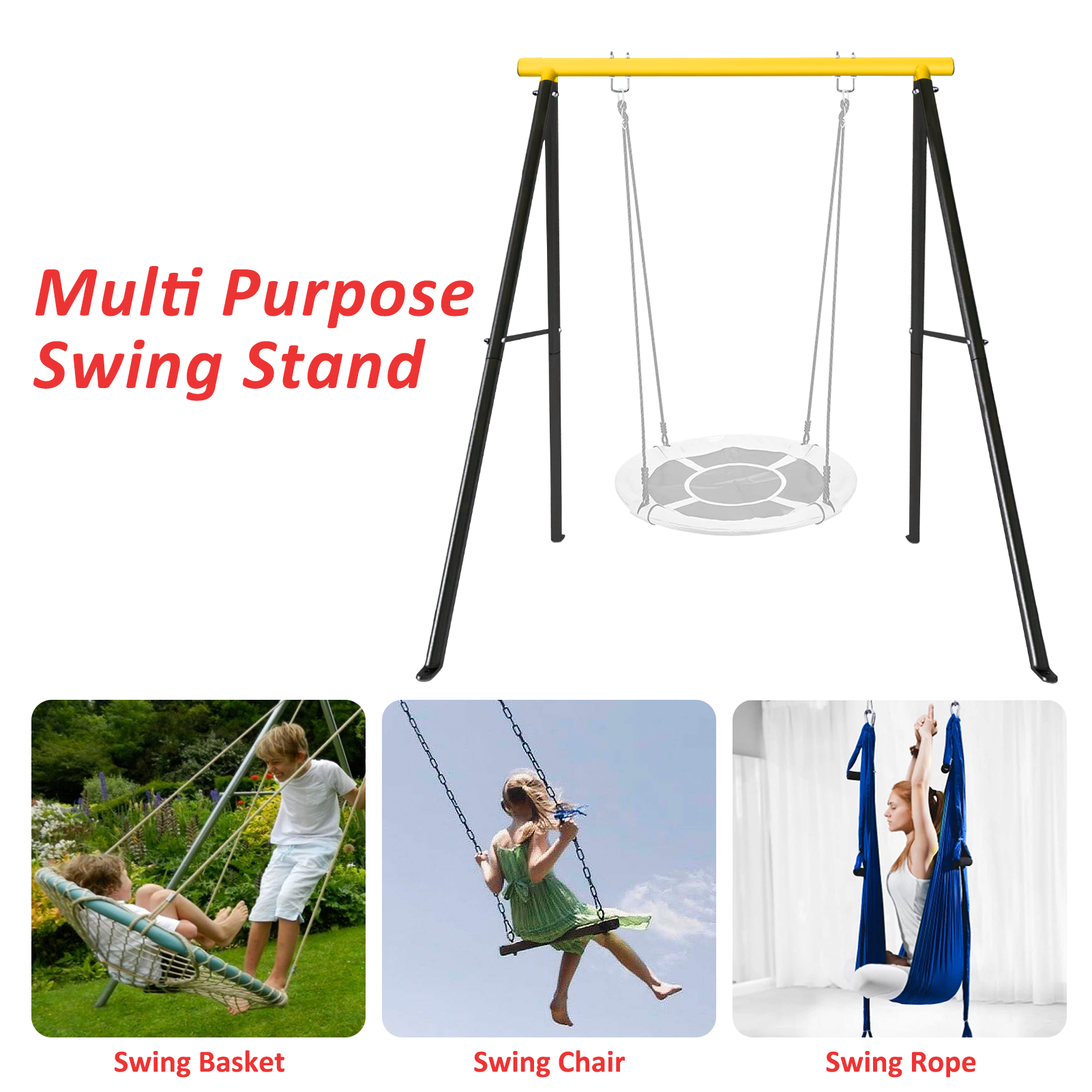 Porch Swing Frame, 550lbs Weight Capacity Swing Stand, Heavy Duty A-Frame Swing, Swing Stand Frame for Yoga Hammock Saucer Baby Porch Swing (Yellow, Swing NOT Included) - Ballimart