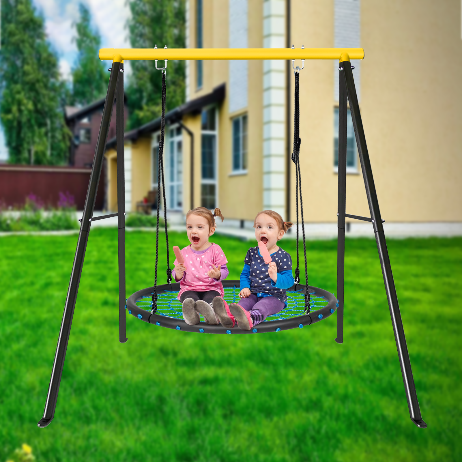 Porch Swing Frame, 550lbs Weight Capacity Swing Stand, Heavy Duty A-Frame Swing, Swing Stand Frame for Yoga Hammock Saucer Baby Porch Swing (Yellow, Swing NOT Included) - Ballimart