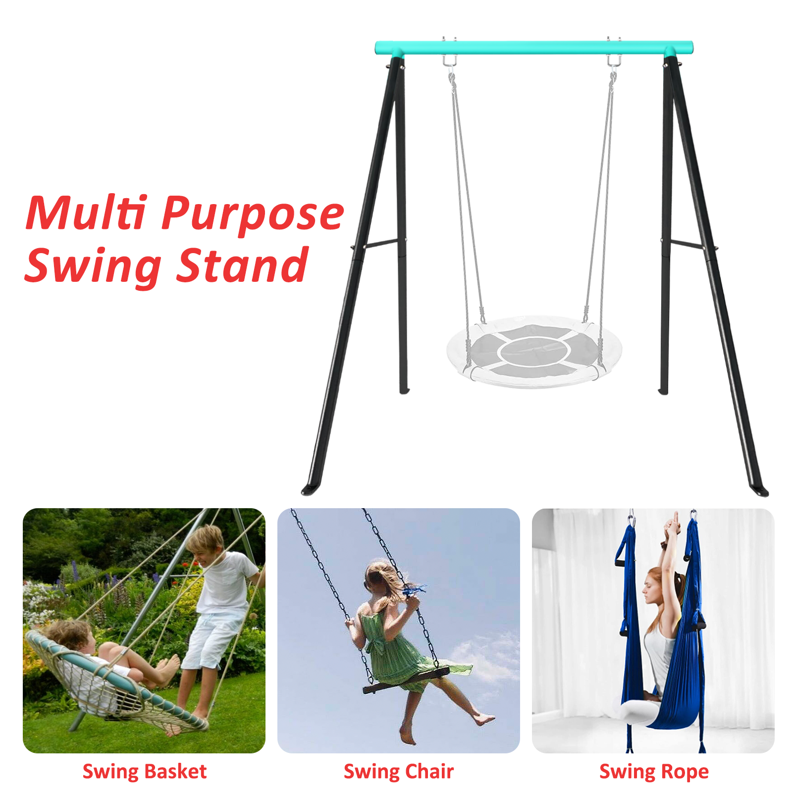 Porch Swing Frame, 550lbs Weight Capacity Swing Stand, Heavy Duty A-Frame Swing, Swing Stand Frame for Yoga Hammock Saucer Baby Porch Swing (Cyan, Swing NOT Included) - Ballimart