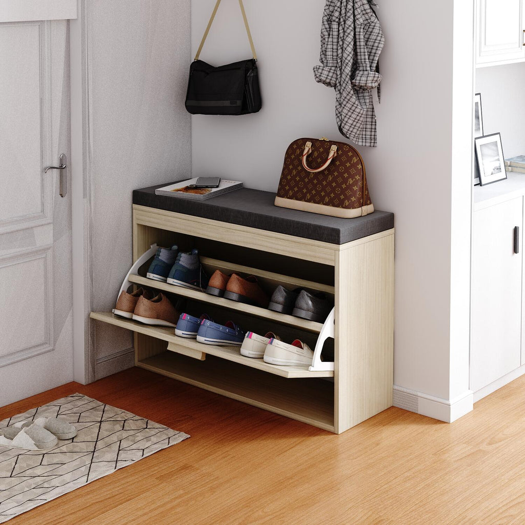 Rattan Shoe Rack, Hallway Shoe Bench, Shoe Cabinet with Flip-Drawer and Seat Cushion - Ballimart