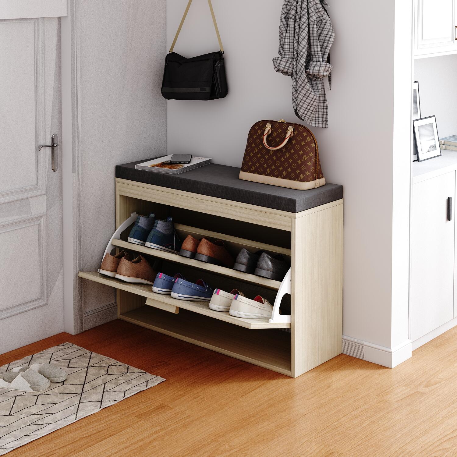 Rattan Shoe Rack, Hallway Shoe Bench, Shoe Cabinet with Flip-Drawer and Seat Cushion - Ballimart