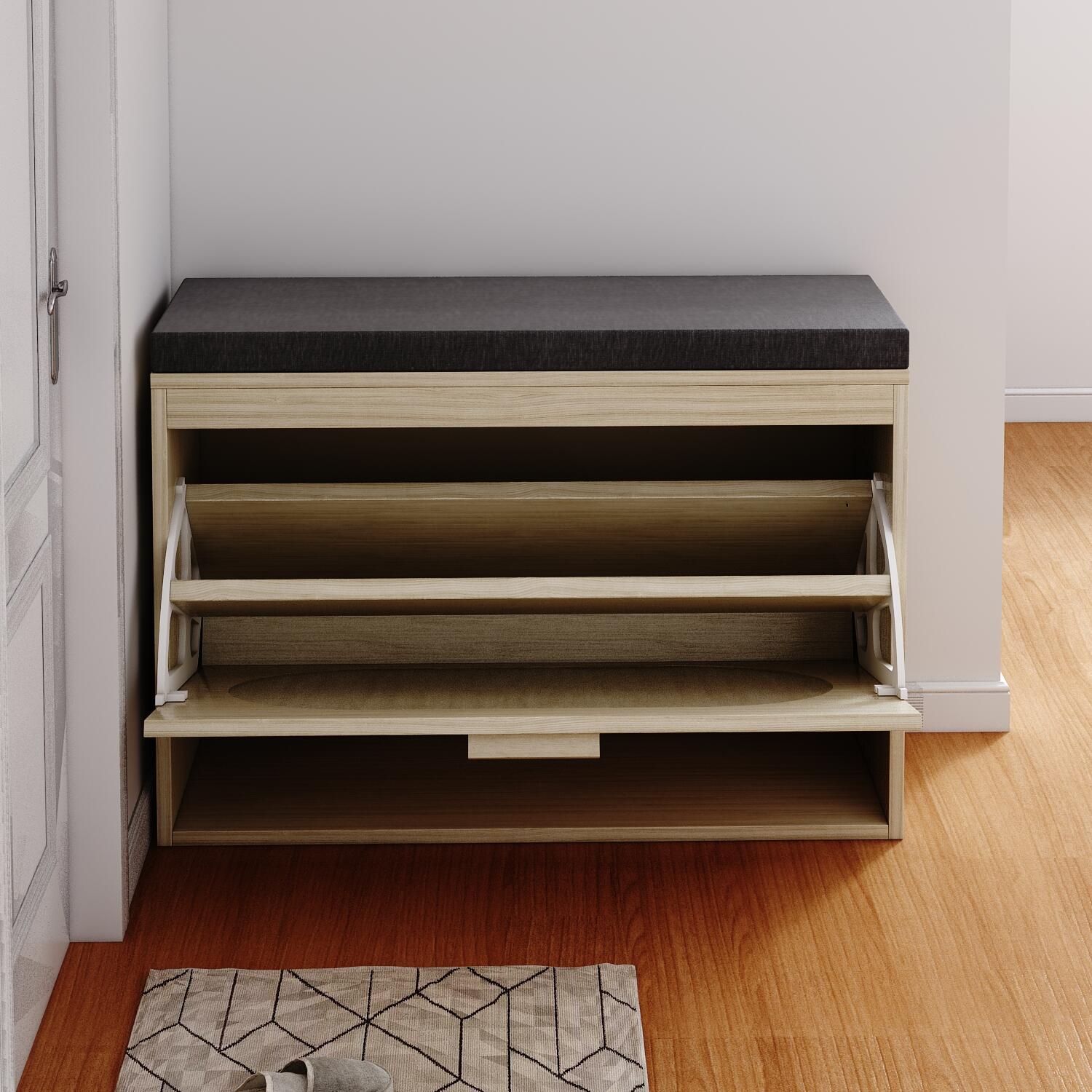 Rattan Shoe Rack, Hallway Shoe Bench, Shoe Cabinet with Flip-Drawer and Seat Cushion