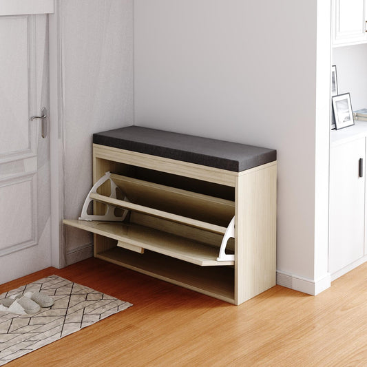Rattan Shoe Rack, Hallway Shoe Bench, Shoe Cabinet with Flip-Drawer and Seat Cushion - Ballimart
