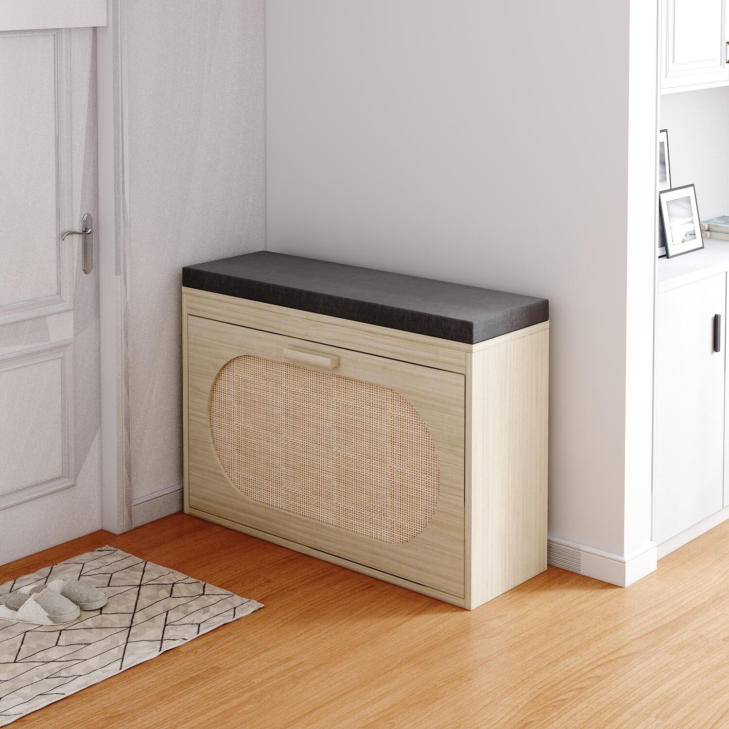 Rattan Shoe Rack, Hallway Shoe Bench, Shoe Cabinet with Flip-Drawer and Seat Cushion - Ballimart