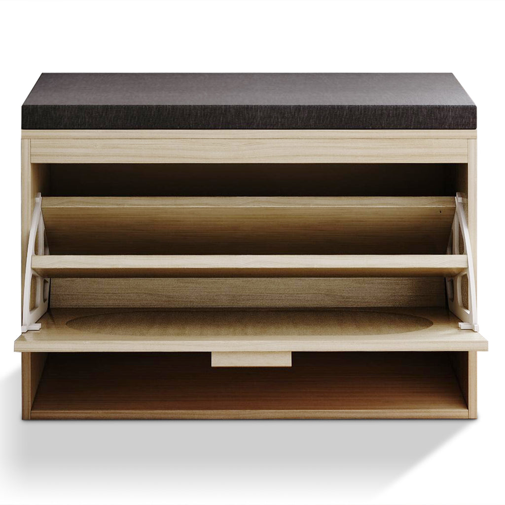 Rattan Shoe Rack, Hallway Shoe Bench, Shoe Cabinet with Flip-Drawer and Seat Cushion - Ballimart