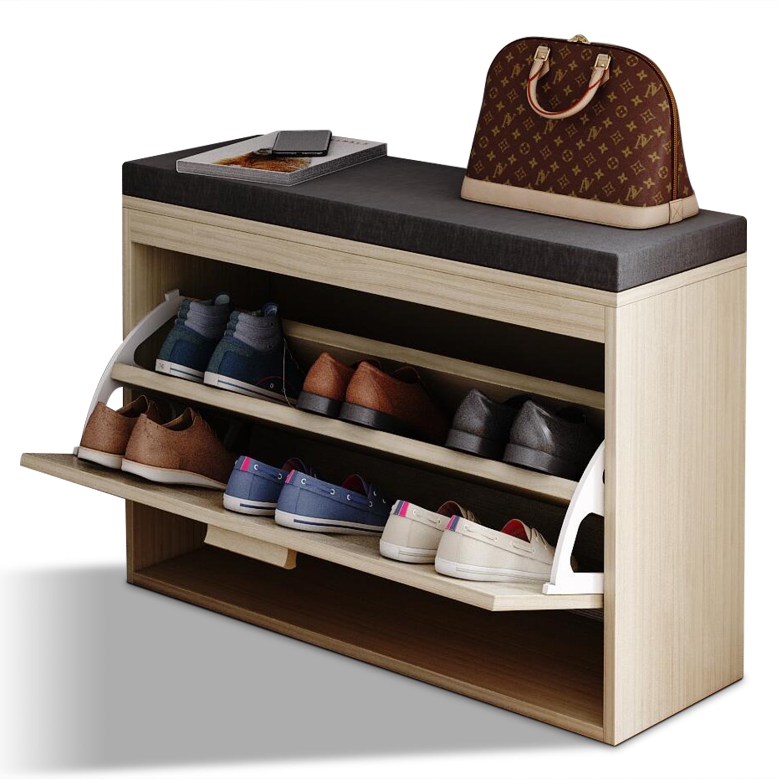 Rattan Shoe Rack, Hallway Shoe Bench, Shoe Cabinet with Flip-Drawer and Seat Cushion - Ballimart