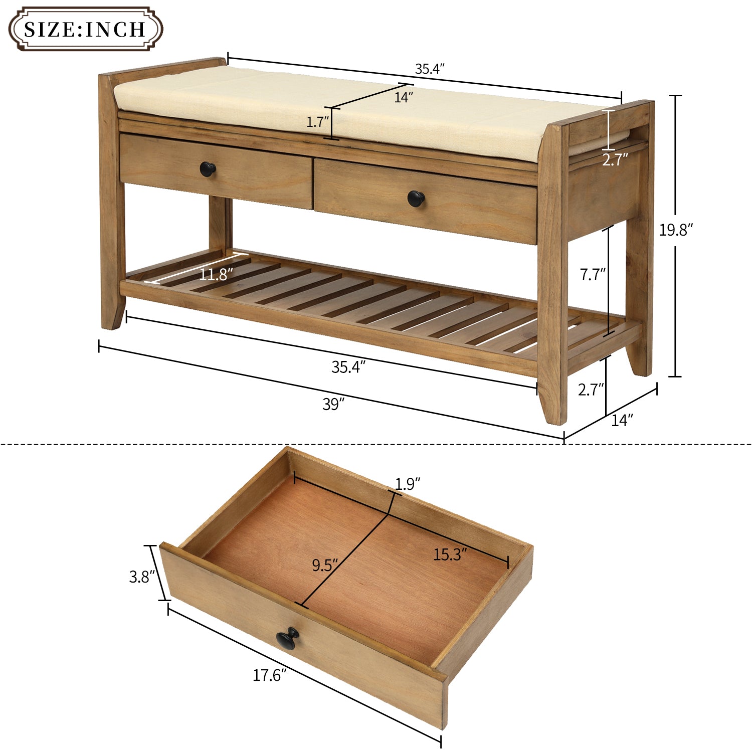 Shoe Rack with Cushioned Seat and Drawers, Multipurpose Entryway Storage Bench (Old Pine) - Ballimart