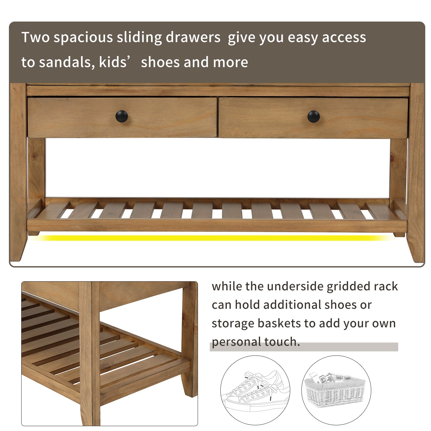 Shoe Rack with Cushioned Seat and Drawers, Multipurpose Entryway Storage Bench (Old Pine) - Ballimart